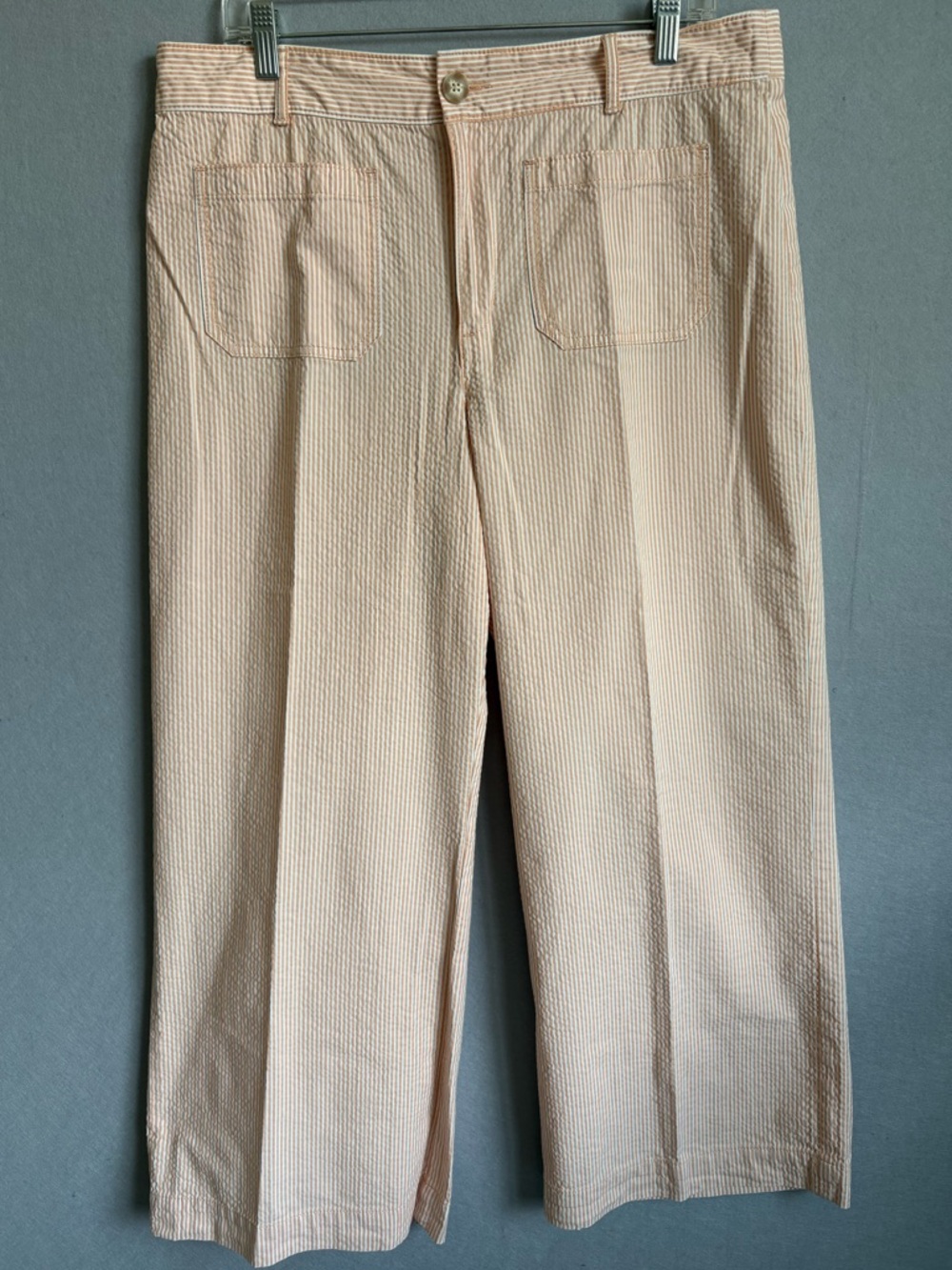 LOFT Palmer Wide Leg Cropped Pale Orange Seersucker Striped Chinos sz 14